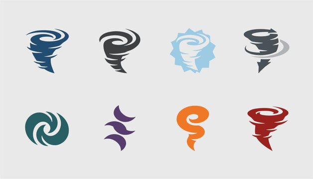 Collection of eight different tornado, hurricane, and cyclone vector icons in various shapes and colors on a grey background.
