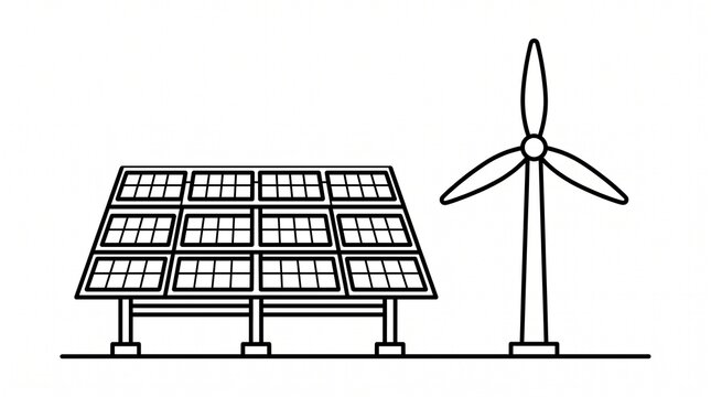 Minimalist solar panel and wind turbine line art, renewable energy icons on white background, sustainable power generation concept