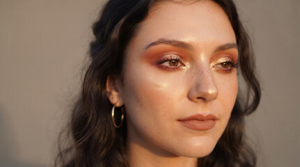 Fototapeta premium A sensual close up shot highlighting glossy lips, gold hoop earrings, and smooth, glowing skin