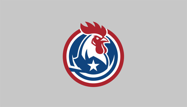 Patriotic rooster head logo with a white star inside a circular red white and blue frame over gray background.