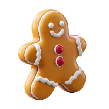 Glossy amber gingerbread man cookie outlined with white icing and two red buttons isolated on transparent background for festive packaging