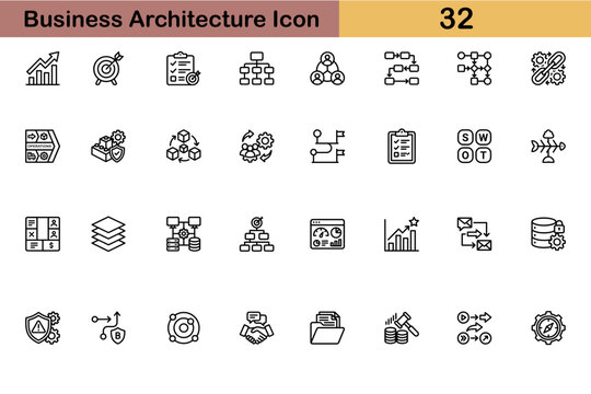 Business architecture and corporate strategy line icon set. Organization chart, workflow process, supply chain, SWOT analysis, and project management editable stroke symbols for UI. Vector.