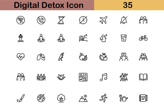 Digital detox line icons in editable stroke style. Unplugging, mental health, wellness, meditation, nature, offline hobbies, and relaxation icon collection. Editable stroke. Vector.