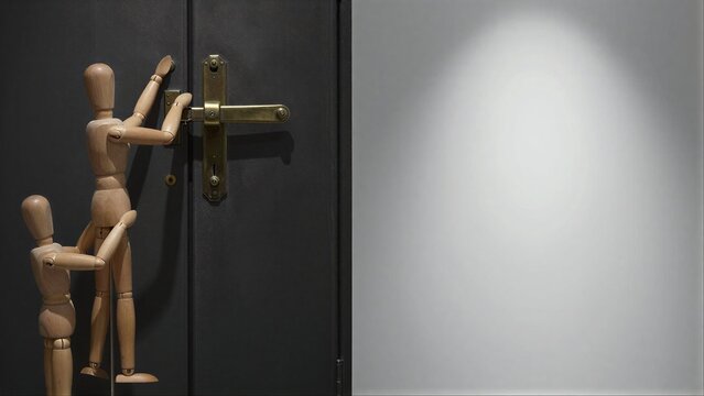 Wooden figures attempt to open a locked door, symbolizing struggle or mystery.