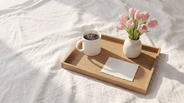 Wooden tray on white bed linen with hot steaming coffee mug, pink tulips in ceramic vase, and a blank greeting card with sunny morning light