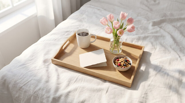 Wooden tray on white bed linen with hot steaming coffee mug, pink tulips in ceramic vase, and a blank greeting card with sunny morning light