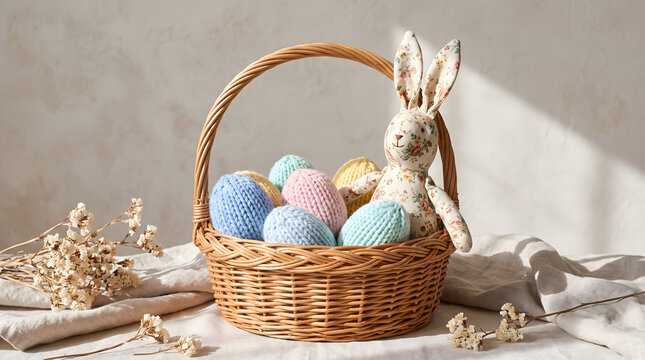 Woven wicker basket filled with knitted pastel Easter eggs and a colorful patchwork bunny plush toy on a wooden table