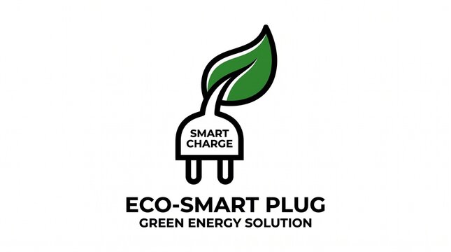 Eco-smart plug logo with green leaf, sustainable energy solution icon, smart charge power outlet symbol for clean technology