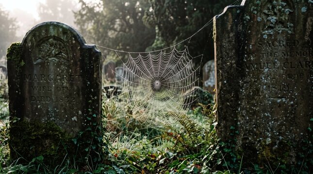 Dew covered spider web strung between weathered gravestones in a misty cemetery at sunrise