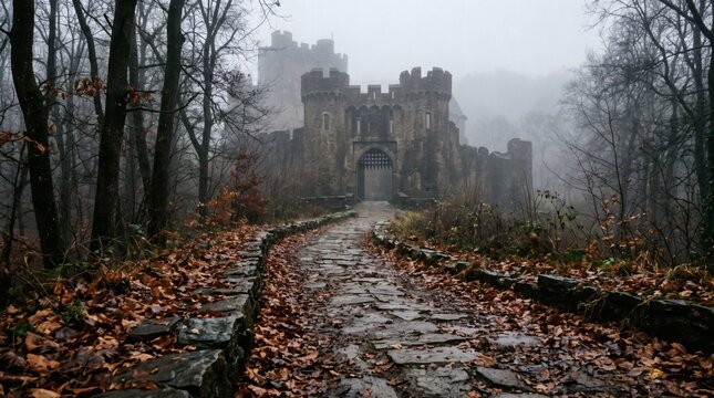 Mysterious ancient castle gate shrouded in fog with autumn leaves on a stone path
