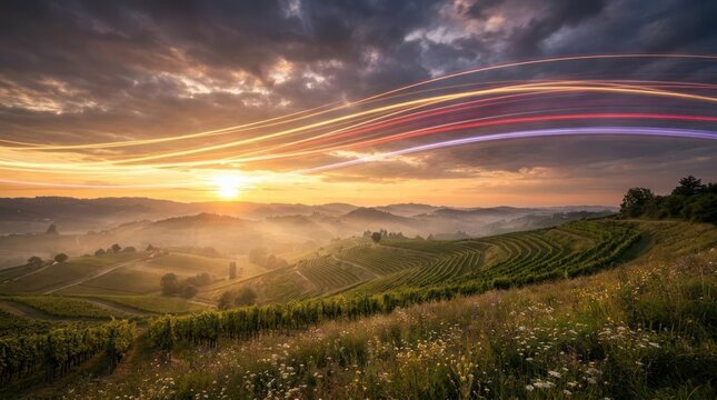 Vineyard landscape at sunrise with light trails.