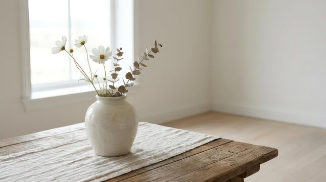 White flowers in ceramic vase on wooden table.