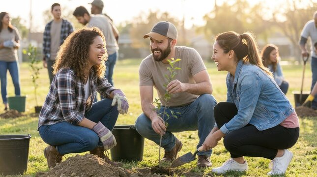 Volunteers planting a young sapling in a sunny community garden.