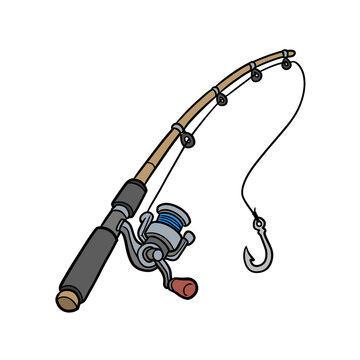 Fishing rod with spinning reel line and hook equipment cartoon illustration for children education isolated on transparent background

