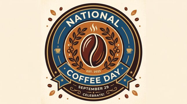 Vintage National Coffee Day emblem, retro cafe badge with roasted bean and laurel wreath, September 29 celebration label