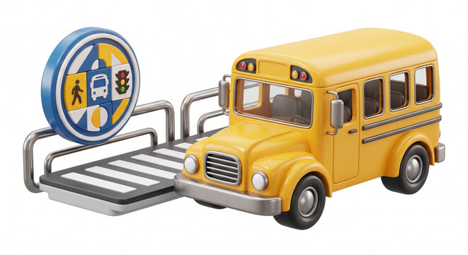 Yellow toy school bus features smooth plastic textures and bright glossy colors parked beside a miniature crosswalk.
