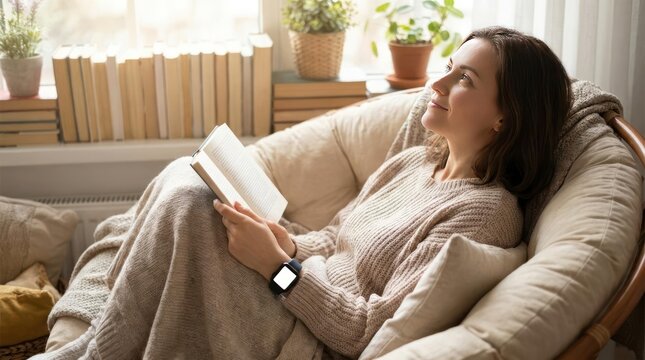Woman relaxing on sofa with book and smartwatch.