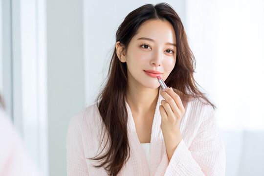 口紅を唇に塗る女性のナチュラルメイクとコスメイメージ
