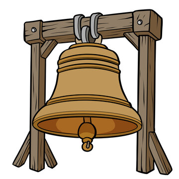 Large bronze bell on wooden frame support structure cartoon illustration for children education isolated on transparent background
