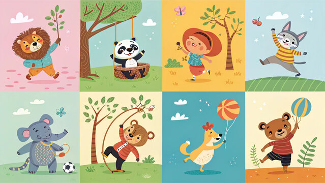 A grid of twelve illustrated cartoon animals engaged in playful activities
