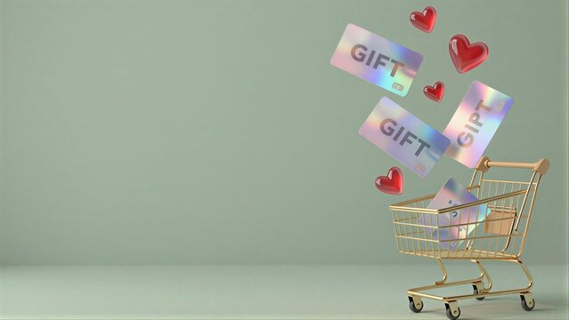Golden cart with floating gift cards and hearts, symbolizing joyful shopping.