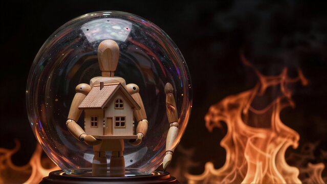 Wooden figures protect a house inside glass sphere, flames rage outside.