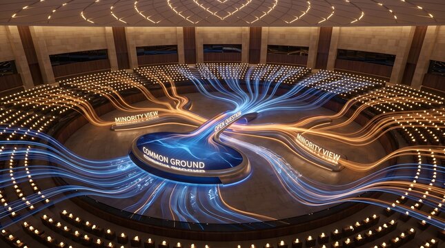 Futuristic circular assembly chamber representing data driven consensus and collaborative civic decision making processes with connecting central concepts