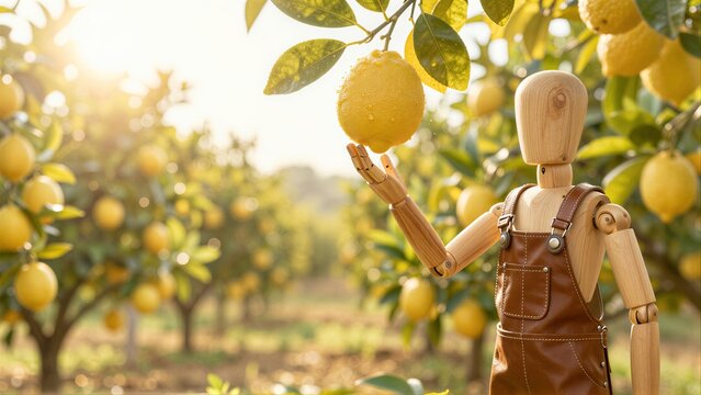 Wooden figure in overalls reaches for a lemon amidst sunlit orchard rows.
