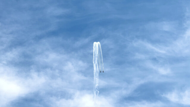 Aerobatic Jets Performing Synchronized Maneuvers with Smoke Trails at Avalon Airshow