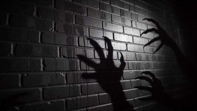 Shadows of Creepy Monster Hands Reaching Across Wet Brick Wall in Dark Alley, Cinematic Horror Scene