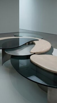 Contemporary sculptural coffee tables in modern gallery.