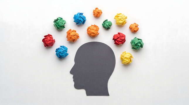Human Head Silhouette With Colorful Crumpled Paper Thoughts, Mental Health and Emotion Concept