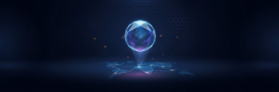 Futuristic glowing holographic sphere over digital world map with hexagonal grid background