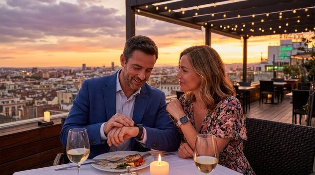 Couple having dinner on rooftop at sunset