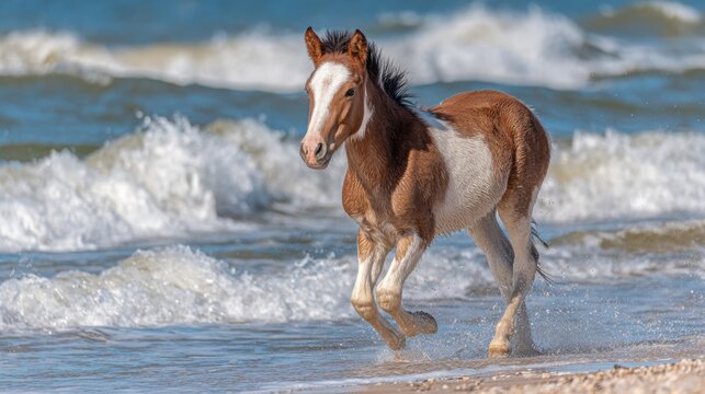 Playful sorrel pony with white markings running along a sandy beach with ocean waves splashing