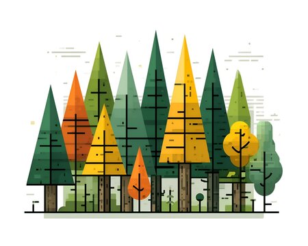 Abstract forest scene with geometric trees in autumn colors