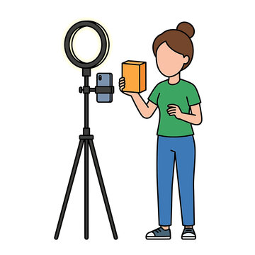 Woman Recording Product Review with Smartphone and Ring Light Vector