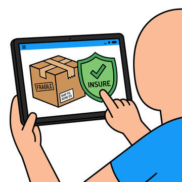 Man insuring shipping package via tablet app vector illustration
