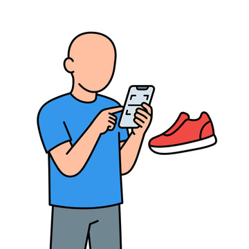 Man using smartphone for augmented reality shoe shopping illustration