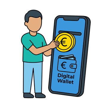 Digital Wallet Concept with Man and Euro Coin on Smartphone