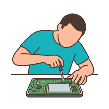 Technician Repairing Smartphone with Screwdriver Vector Illustration