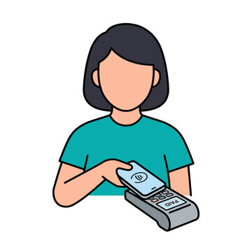 Woman making contactless payment with smartphone at POS terminal vector