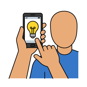 Man holding smartphone with light bulb icon representing creative idea