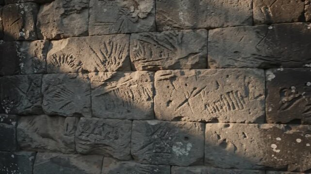 Ancient Khmer Temple Wall with Intricate Bas-Relief Carvings, Close-up Panning Shot of Weathered Stone Architecture in Golden Hour Sunlight