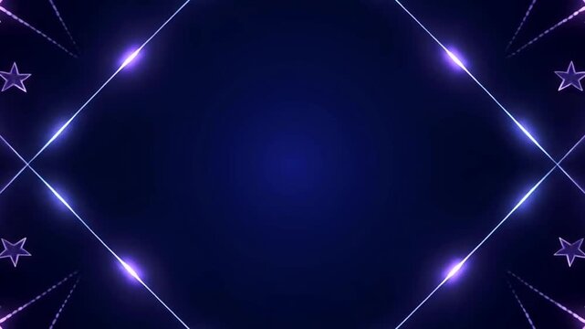 Abstract Dark Blue Background with Neon Geometric Shapes and Stars.
