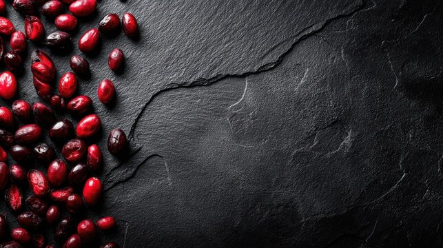 Vibrant Cranberries Scattered Across a Dark Slate Surface with Their Deep Red Hue