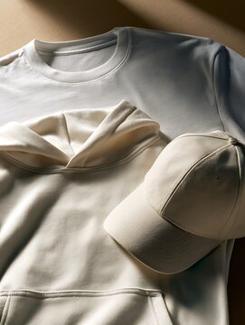 white t-shirt and beige baseball cap laid out