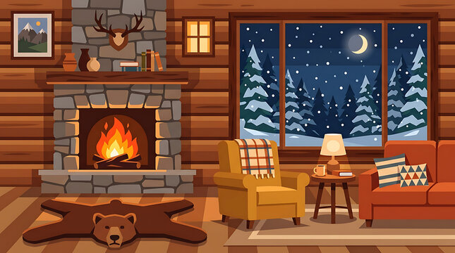 Cozy Winter Cabin Interior With a Roaring Fireplace and Snowing Window View