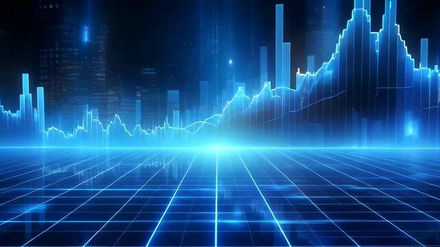 Abstract blue digital futuristic cityscape with glowing grid floor and financial graph.