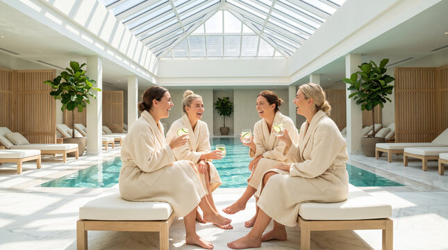 Four women in knitted robes sit on a wooden bench by the edge of a clear indoor pool, laughing and toasting with refreshing cucumber infused water